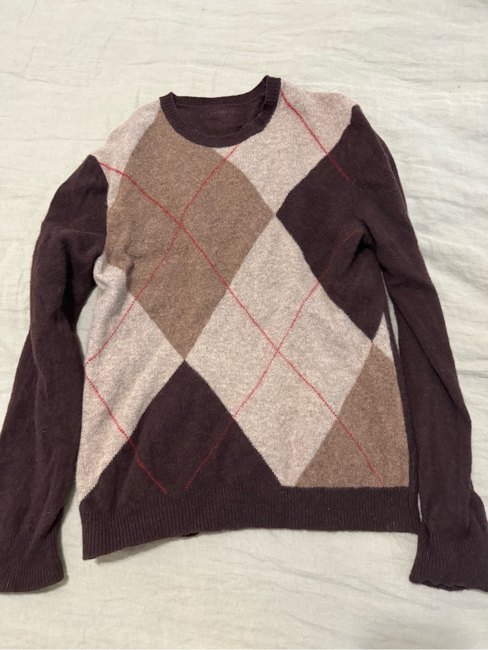 100% lambs wool Express Brown Argyle Crewneck Sweater with Red Accents